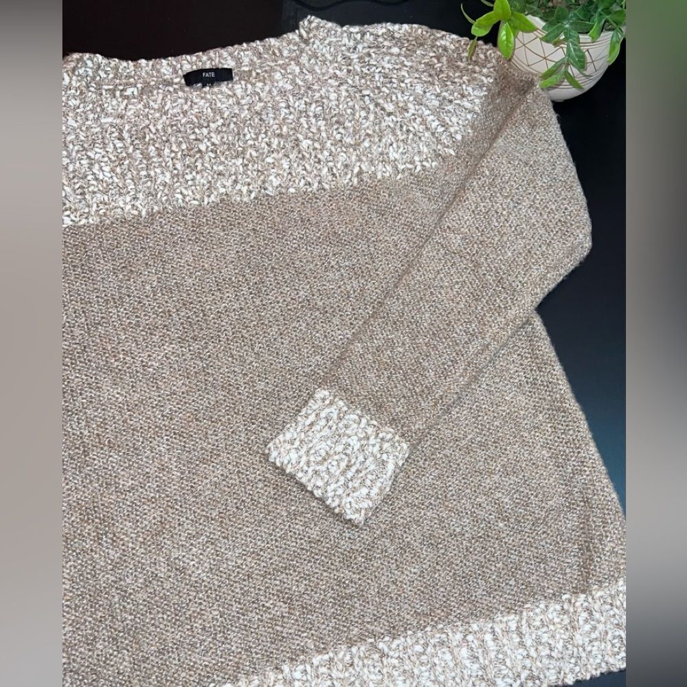 Fate Super Cute Tan & Cream Crewneck Pullover sweater Size Medium EUC